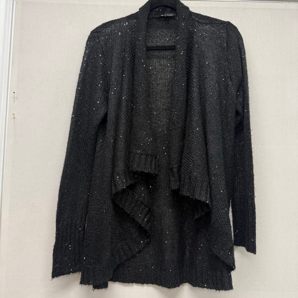 Women's SISTERS Black Sequin Draped Open Front Cardigan Sweater M